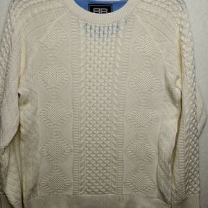 VTG Benjamin Black Fisherman Style Cable Knit Cream Sweater Men's Slim Fit Sz Lg